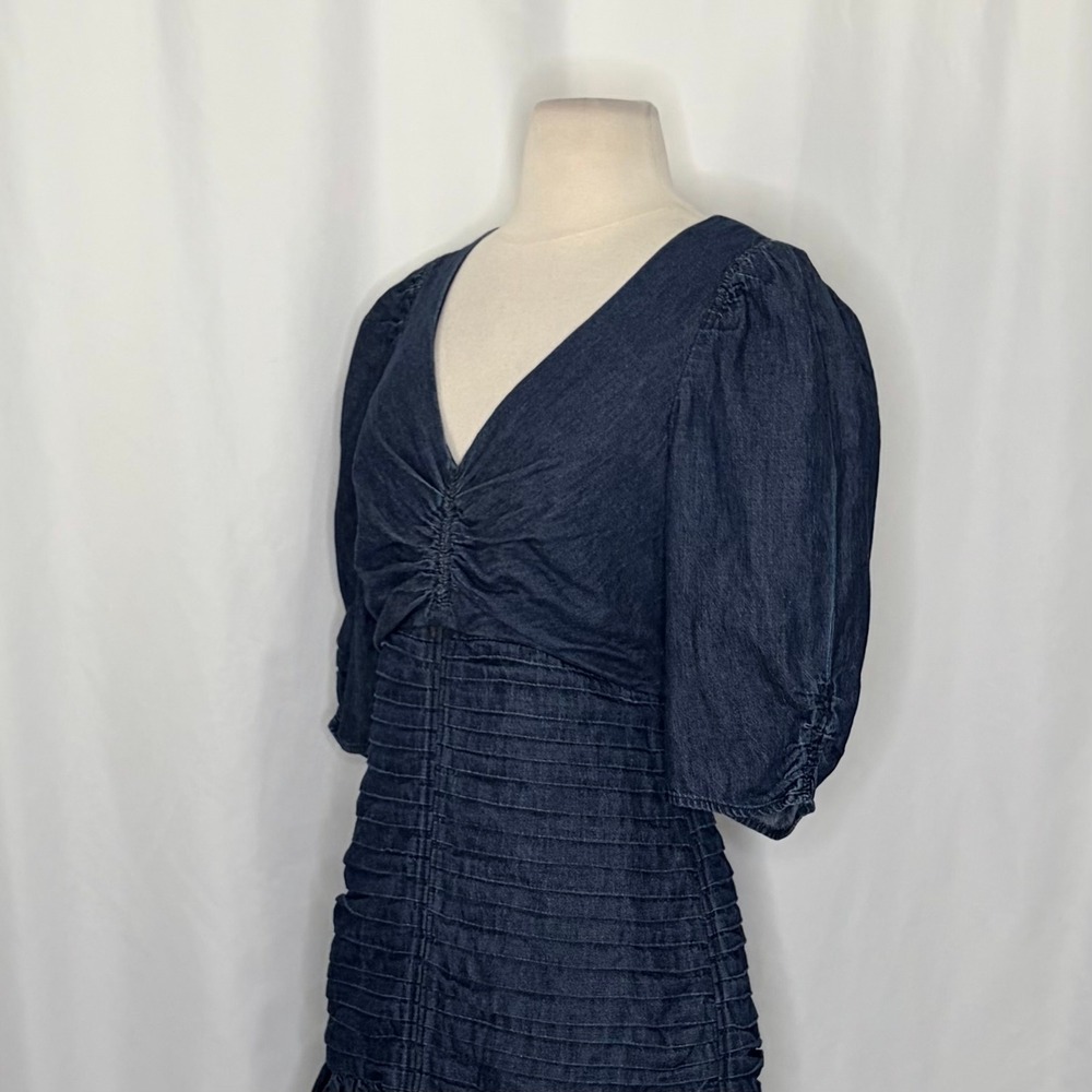 TANYA TAYLOR Pansy Dress Blue Denim Pleated Mini Puffed Sleeves Flirty Size 6 - Picture 7 of 16